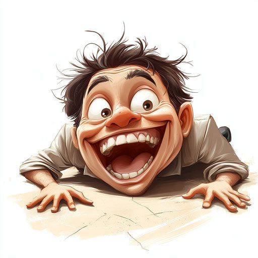 Humorous caricature of an excited caricature clipart with human characteristics, exaggerated arched eyebrows, short legs, lying on the ground, vibrant colors, cartoon style, smiling, high-resolution, no background, isolated