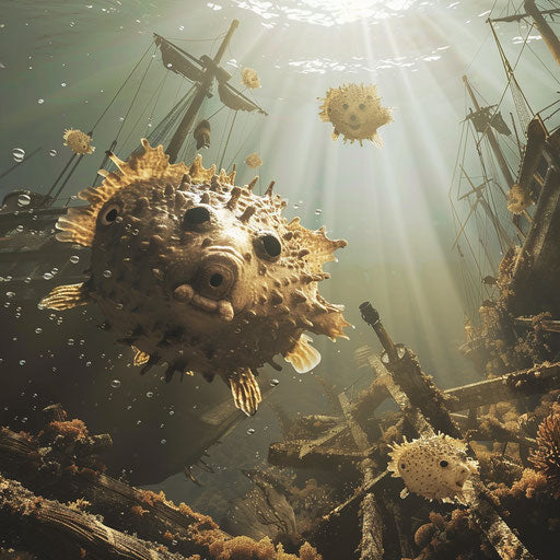 Blow fish swimming near a shipwreck, in the style of Paul Souders