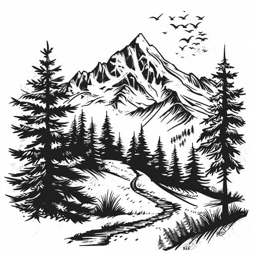 Wooded mountain with path, bold stencil style, wilderness