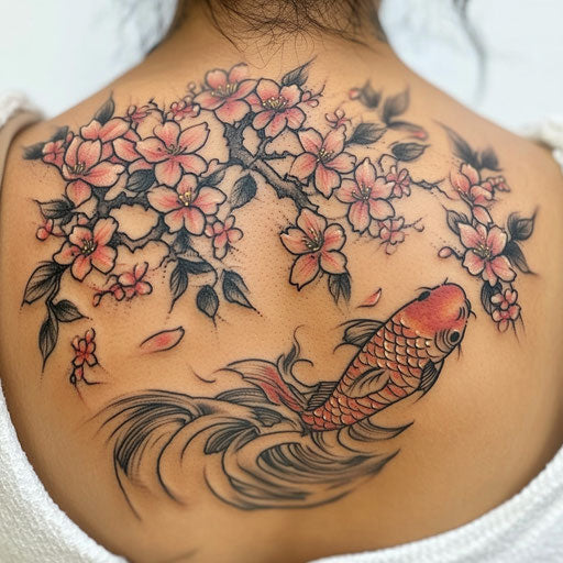 Japanese cherry blossom tattoo with swimming koi fish