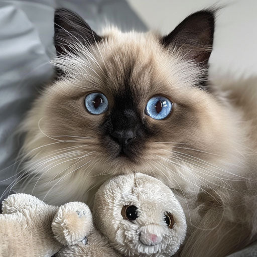 Himalayan cat with big blue eyes cuddling a stuffed animal