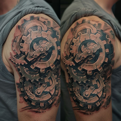 Mechanical gears overlay tattoo in the style of Guy Aitchison