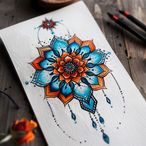 Sketch of single needle tattoo with mandala patterns in deep blue and vibrant orange