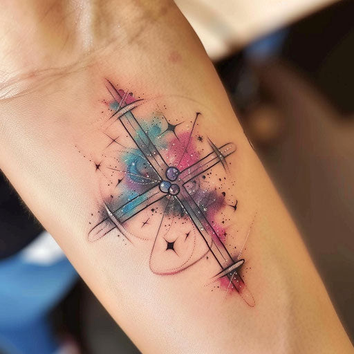 Strength cross tattoo with galaxy and celestial bodies