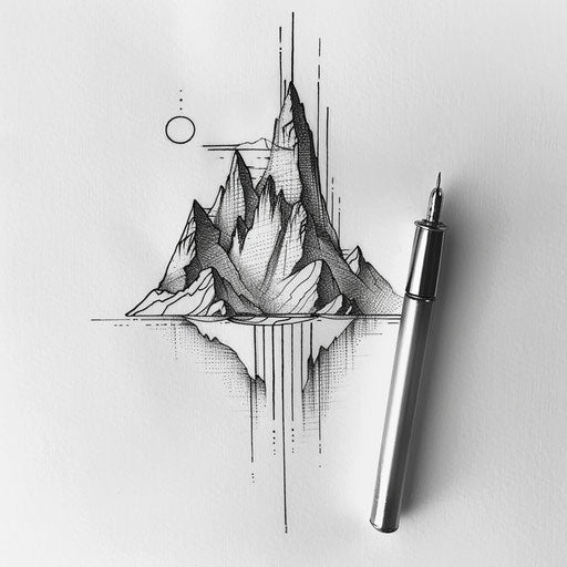 Minimalist mountain landscape tattoo sketch with single needle and monochrome palette