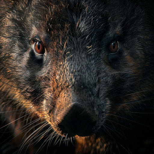 Expressive wombat portrait in a shadowy forest