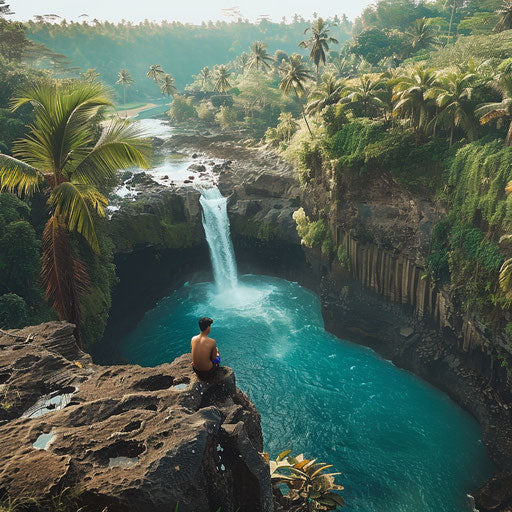 Tegenungan Waterfall with turquoise pools and rugged landscape