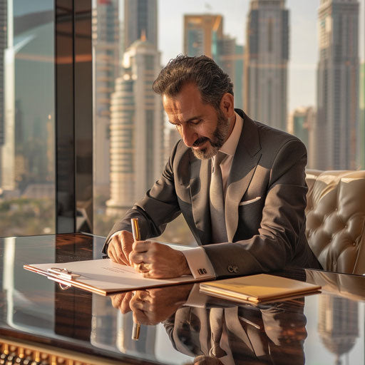 Signing a business deal in a luxurious city boardroom