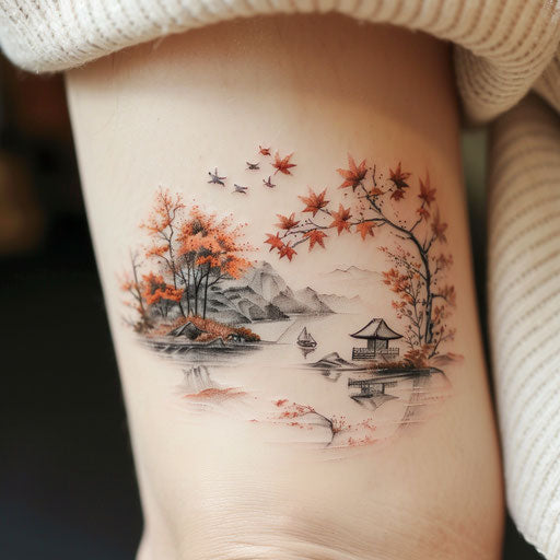 Tattoo of a Korean landscape in autumn, with maple leaves and rivers, on white background.