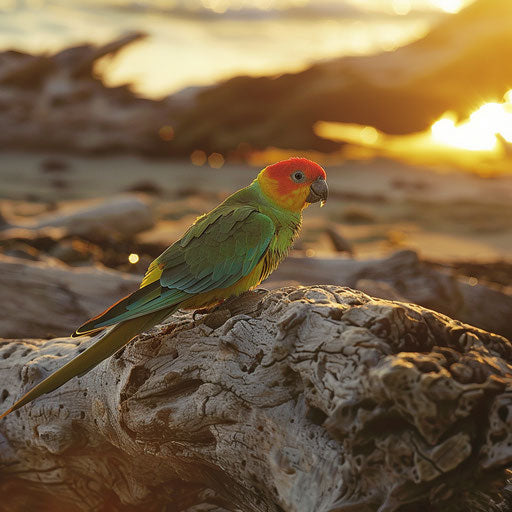 Swift parrot resting on driftwood by the shoreline at sunset