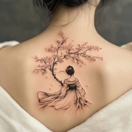 Cherry blossom tree tattoo in the style of David Palumbo with a woman in a flowing kimono under the blossoms on the back
