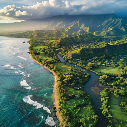 Aerial view of Hanalei Bay Beach, Kauai