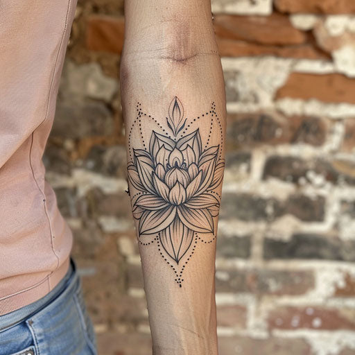 Spiritual tattoos of a lotus flower, in the style of Ami James, on the forearm