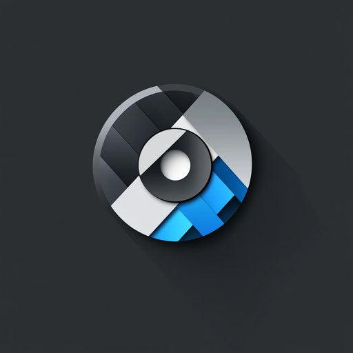 Modern DJ logo design with geometric disc symbol and abstract pattern on dark gray background