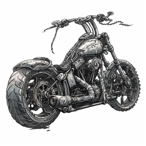 Industrial style motorcycle tattoo design, featuring mechanical and rustic elements, on a white background.