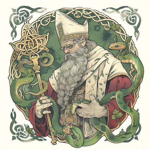 A tattoo of St. Patrick driving out snakes in Ireland, stylized with Celtic art, on white background.