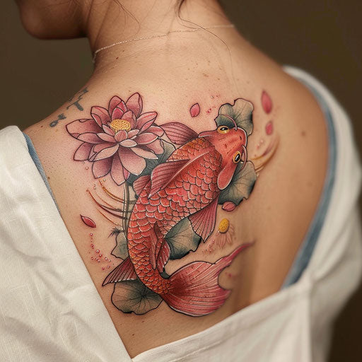 Korean-style carp fish tattoo among lotus flowers white