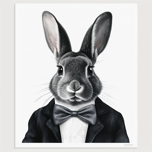 Black rabbit with bow tie on white background
