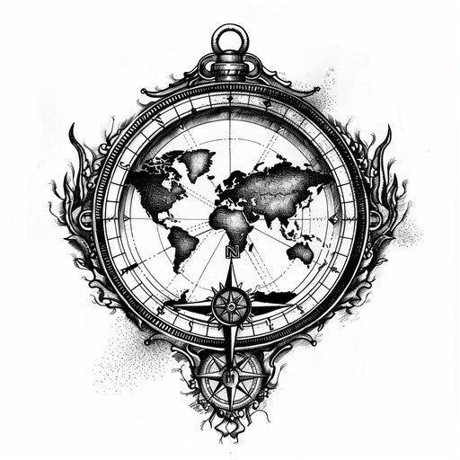 Detailed world map with compass in flat tattoo style