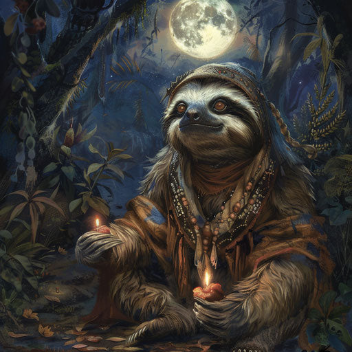 A sloth in traditional clothing participating in an ancient ritual