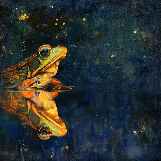 Solitary reflection of a frog in the calm water of a midnight pond