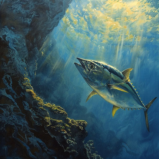 Yellowfin tuna swimming at the edge of an underwater cliff
