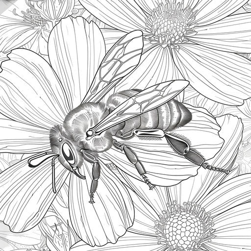 Bee gathering nectar from a flower. Coloring book page