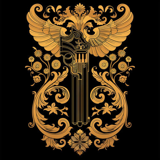 Stylized flat tattoo sketch of an Art Nouveau inspired Russian mafia motif, elegant blacks and golds, clipart style