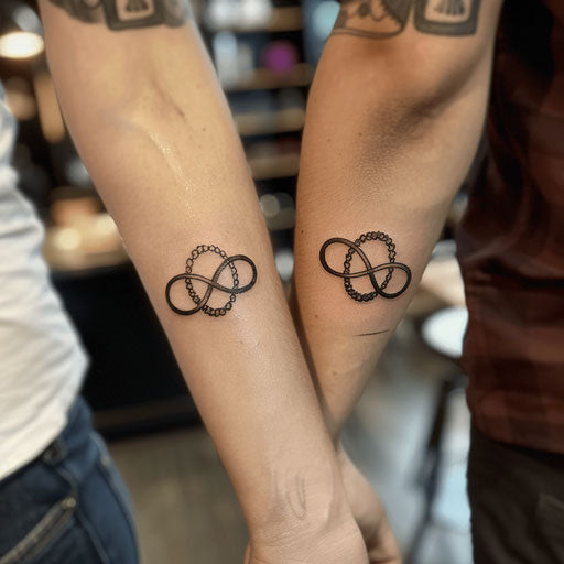Friendship tattoos in the style of Ami James featuring minimalist infinity symbols