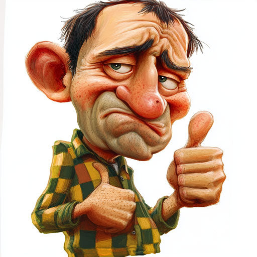 Humorous caricature of a very good clipart with exaggerated dimpled chin, expressive hands, checkered, vibrant colors, cartoon style, thumbs down