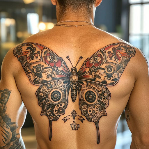 Men's butterfly tattoo on back with steampunk theme
