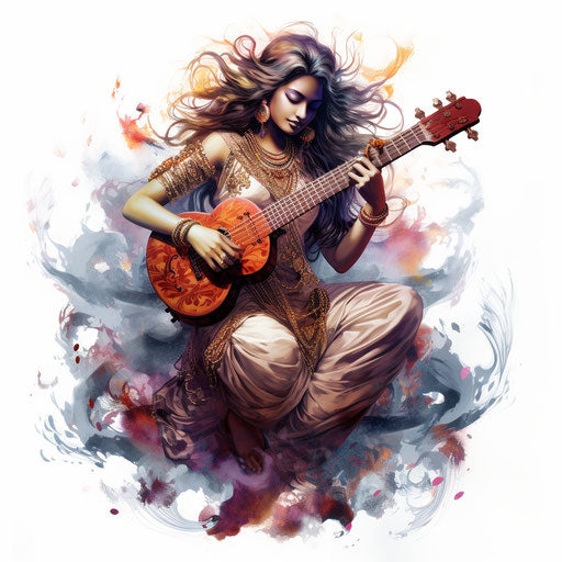 Saraswati clipart in the style of Oil painting, on a white background