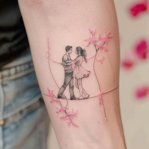 Flat tattoo sketch of a romantic couple balancing on a wire