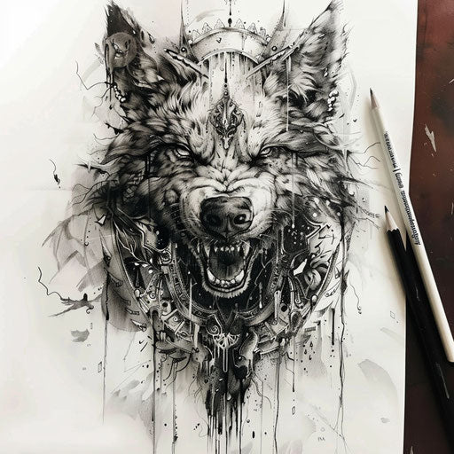 Gothic tattoo sketch of a lobo with dark themes