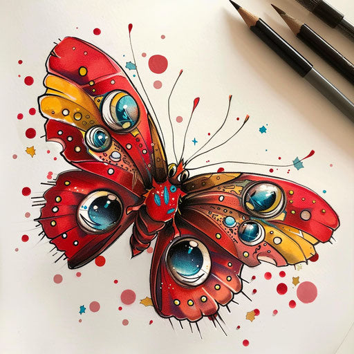 Playful red butterfly with cartoonish eyes and colorful dots