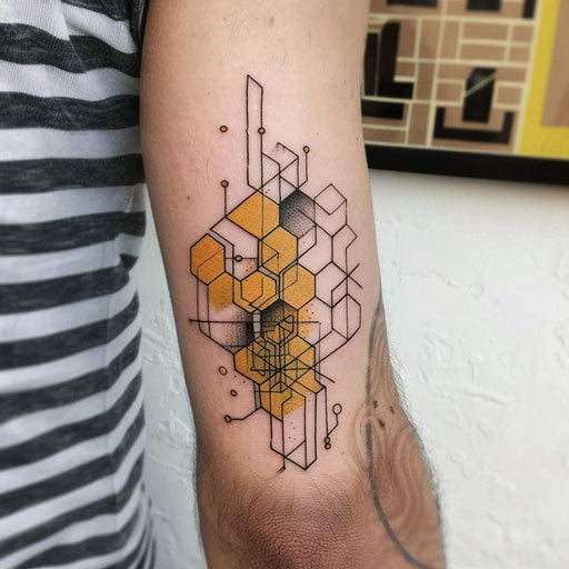 Modern geometric honey tattoo, sharp black and yellow lines, on white background