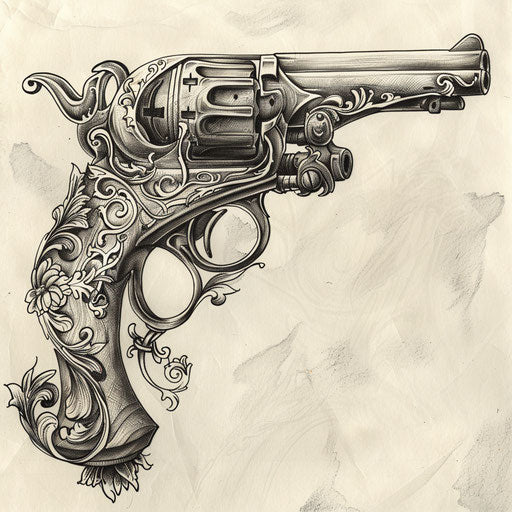 Old-school flintlock pistol tattoo design on white paper