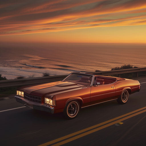 1976 Malibu Classic transformed into a sleek roadster cruising down Pacific Coast Highway at sunset