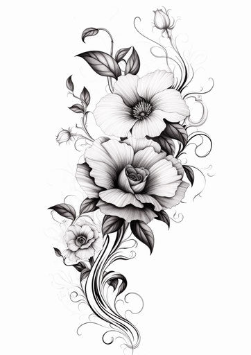 Black flower tattoo design, detailed feather rendering