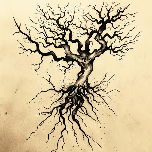 Flat tattoo sketch of roots with bold stencil-style shadows and highlights