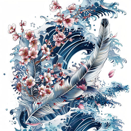 Japanese-style feather tattoo illustration with cherry blossoms and waves