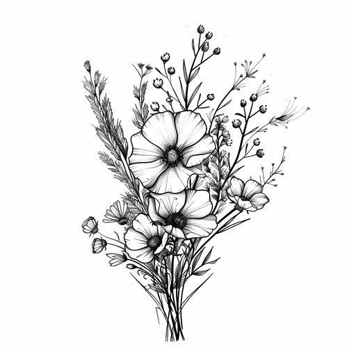 Clipart style flat tattoo sketch of monochrome wildflower bouquet