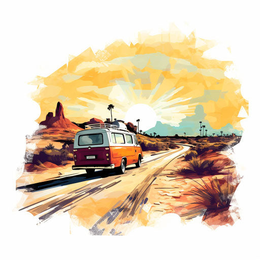 Road trip illustration in the style of Impressionistic Art, on white background