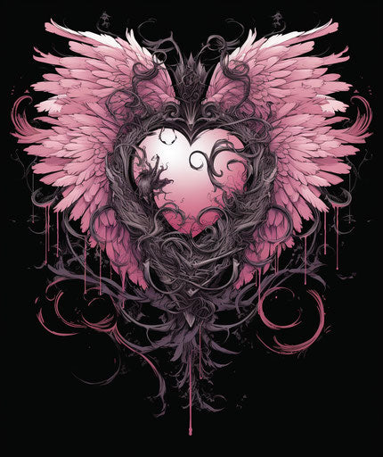 Winged heart flying, dracopunk style, black and pink, detailed ink