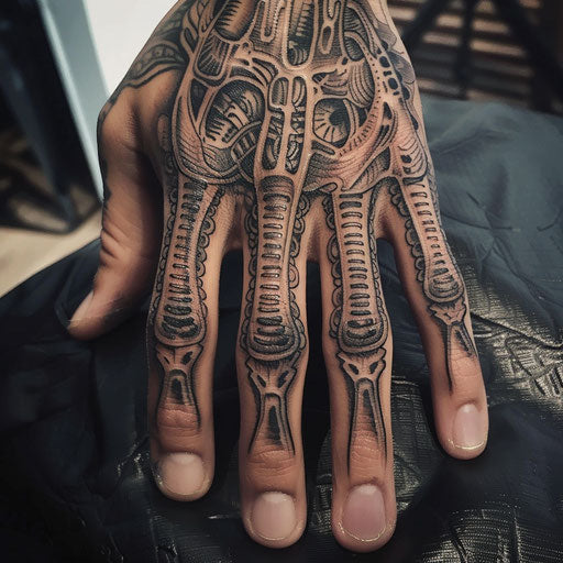 Men's finger tattoos: detailed biomechanical designs