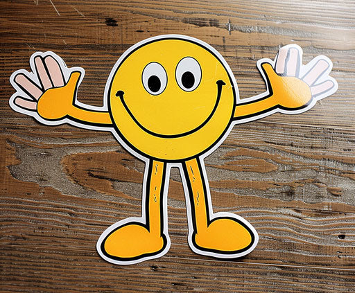 Yellow smiley face sticker with raised hands