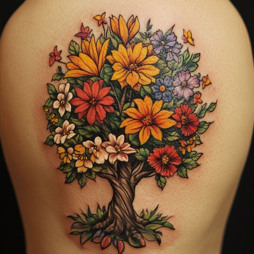 Flower tattoos for women with a tree of life adorned with flowers