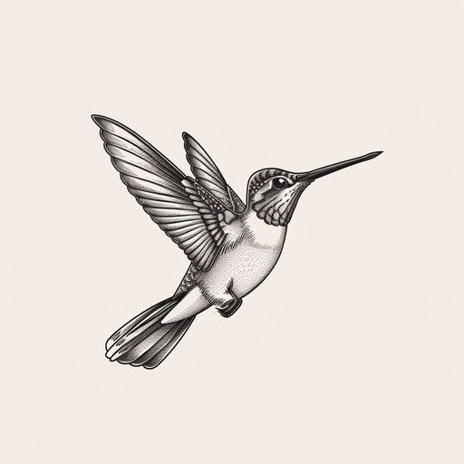 Detailed flat tattoo sketch of hummingbird in flight