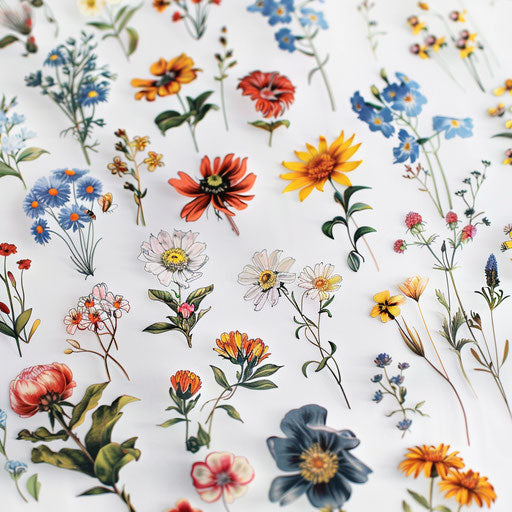 Bold graphic wildflower tattoos on white background