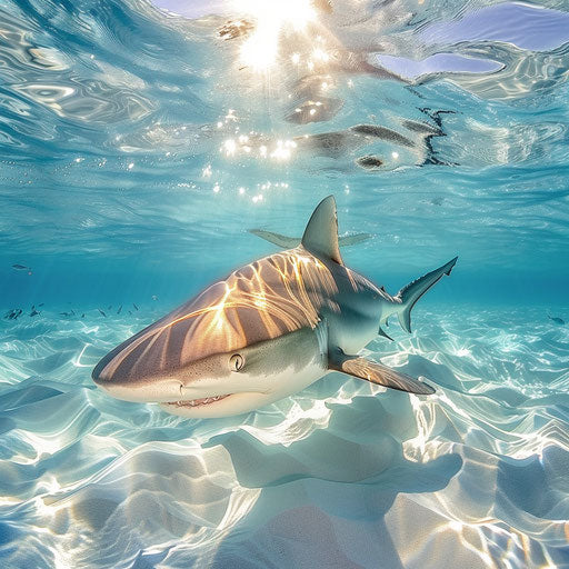 Bull shark in crystal-clear waters with sunbeams